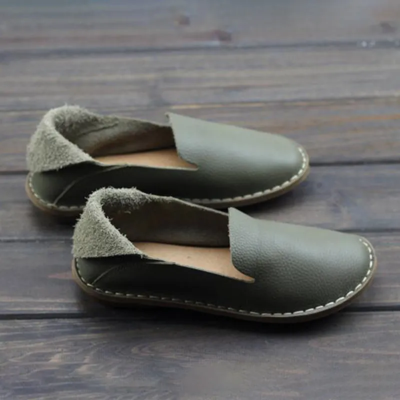 Loafers For Women Handmade Leather Flats Coffee/Blue/Green/Black