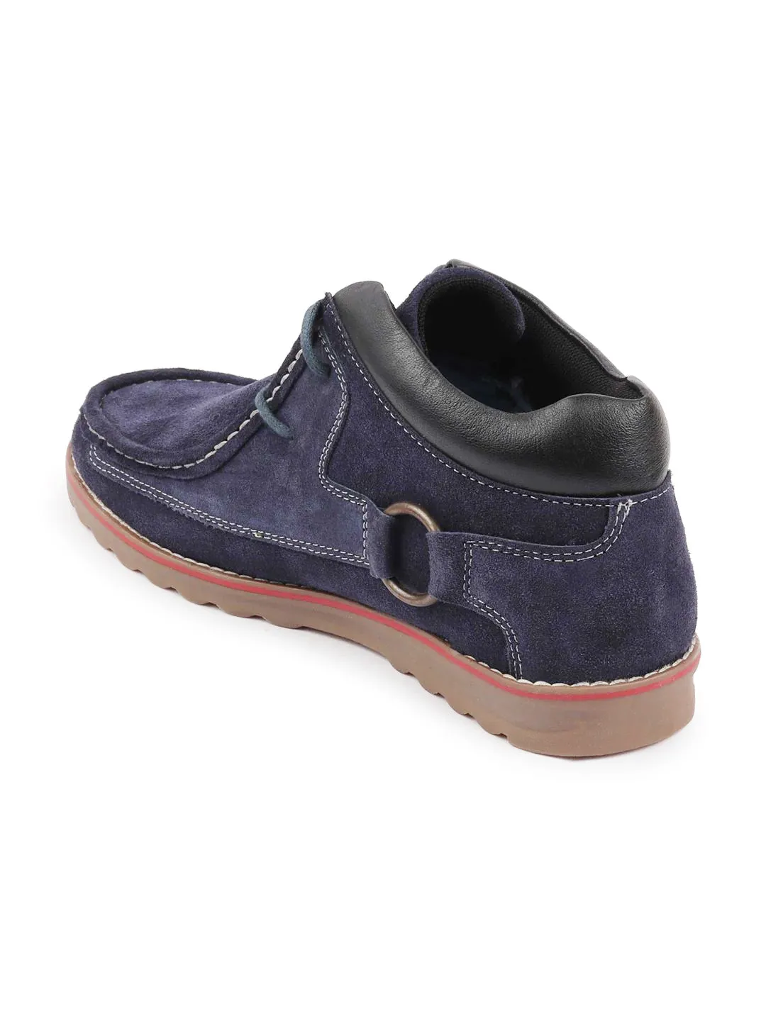 Men Navy Blue Suede Leather Mid Ankle Lace Up Casual Shoes