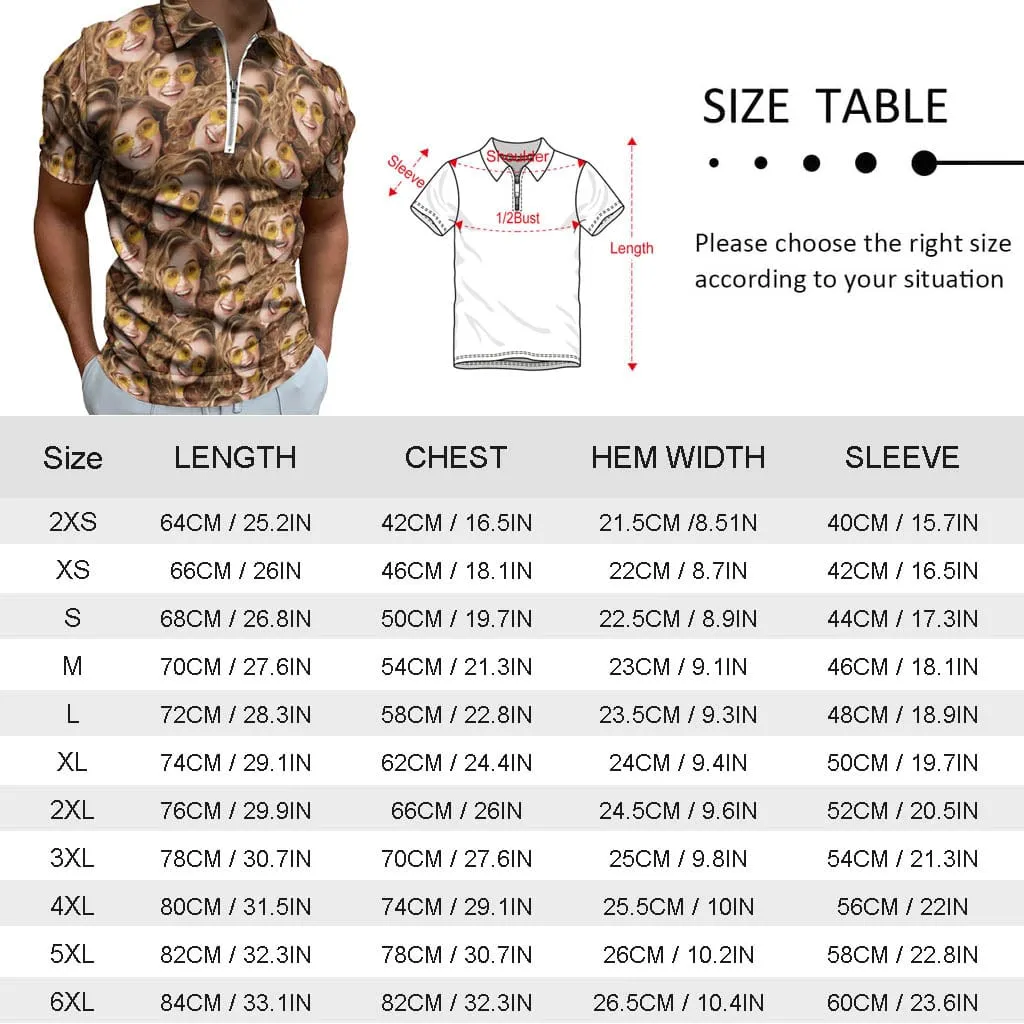 #Plus-Size Custom Face Seamless Selfie Men's Short Sleeve Polo Shirt Personalized Zipper All Over Print Golf Shirt