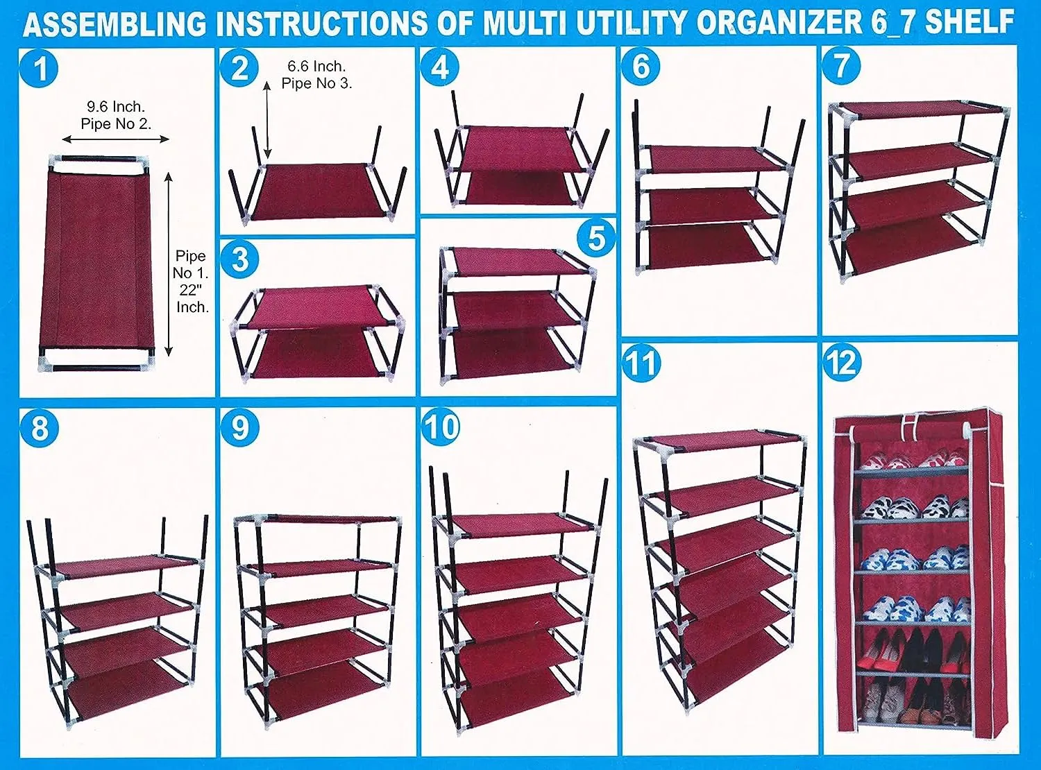 Premium 6 Shelves Shoe Rack/Multipurpose Storage Rack with Dustproof Cover (Iron Pipes, Non Woven Fabric, Plastic Connector) (Maroon)