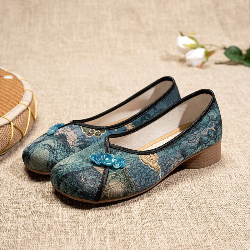 Retro Chinese Print Low Heel Loafers Casual Shoes for Women