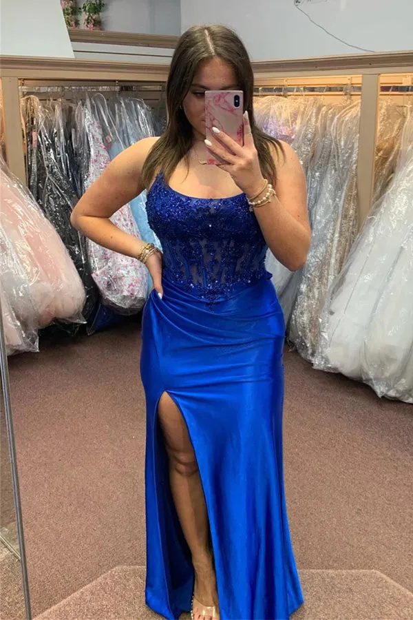 Royal Blue Lace-Up Mermaid Satin Long Prom Dress with Slit PSK512