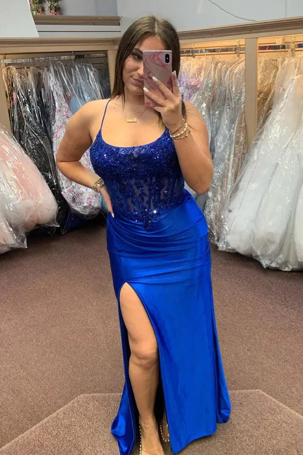 Royal Blue Lace-Up Mermaid Satin Long Prom Dress with Slit PSK512