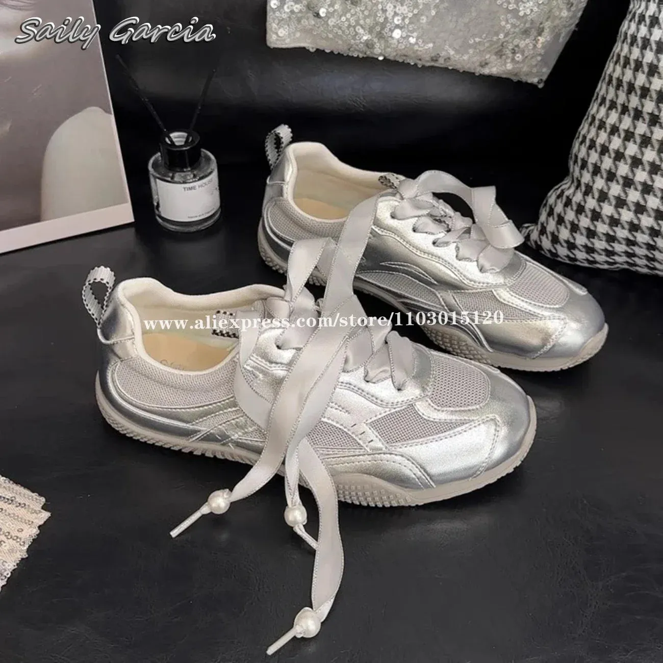 Silver Air Mesh Satin Jogging New Fashion Casual Round Platform Training Skateboard