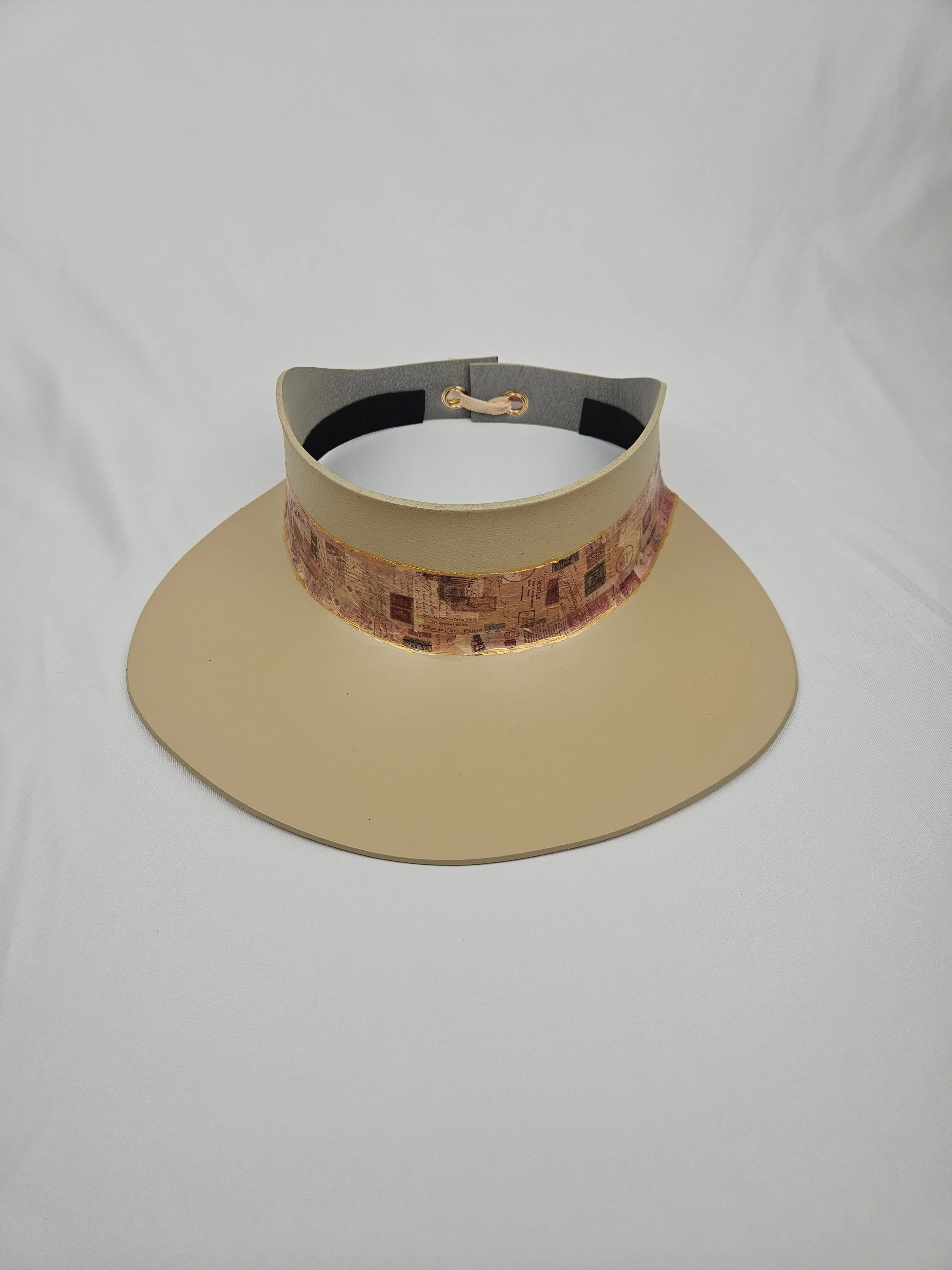 Tall Beige "LadyEVA" Visor Hat with Stylish Vintage Collage Band