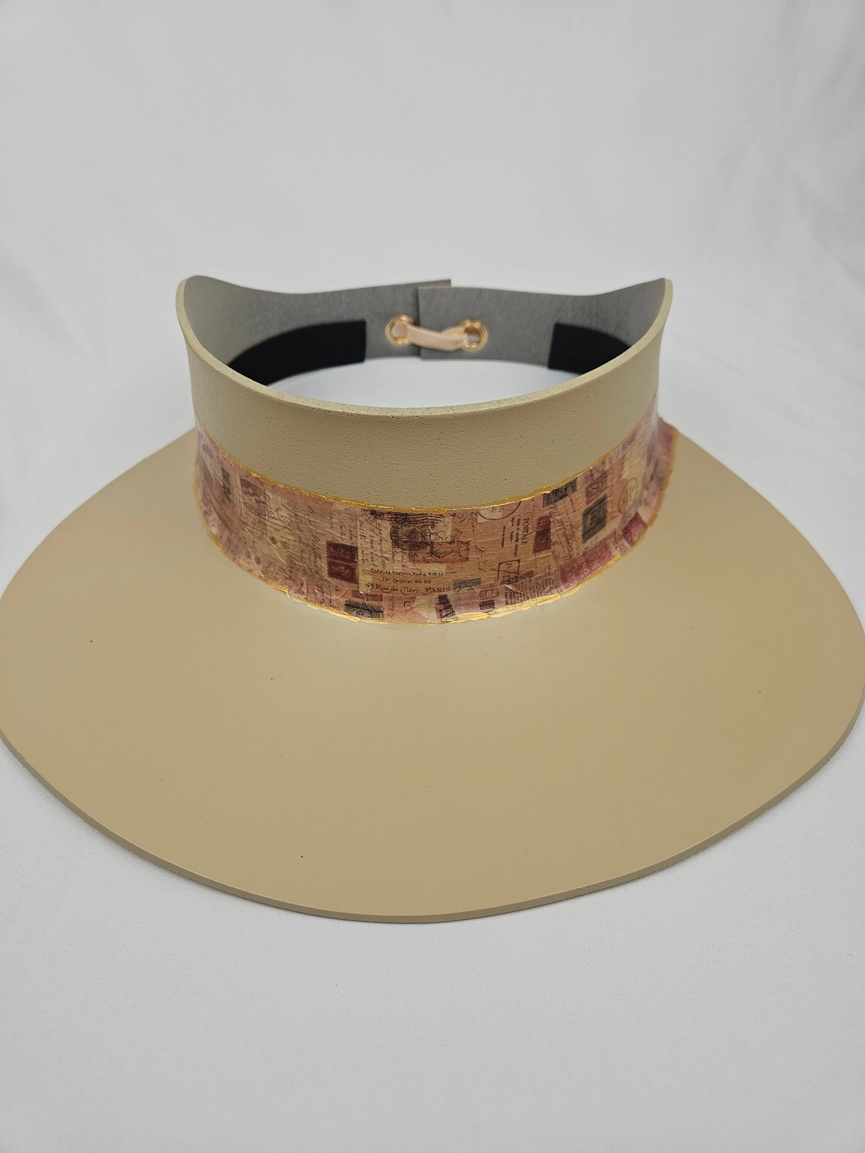 Tall Beige "LadyEVA" Visor Hat with Stylish Vintage Collage Band