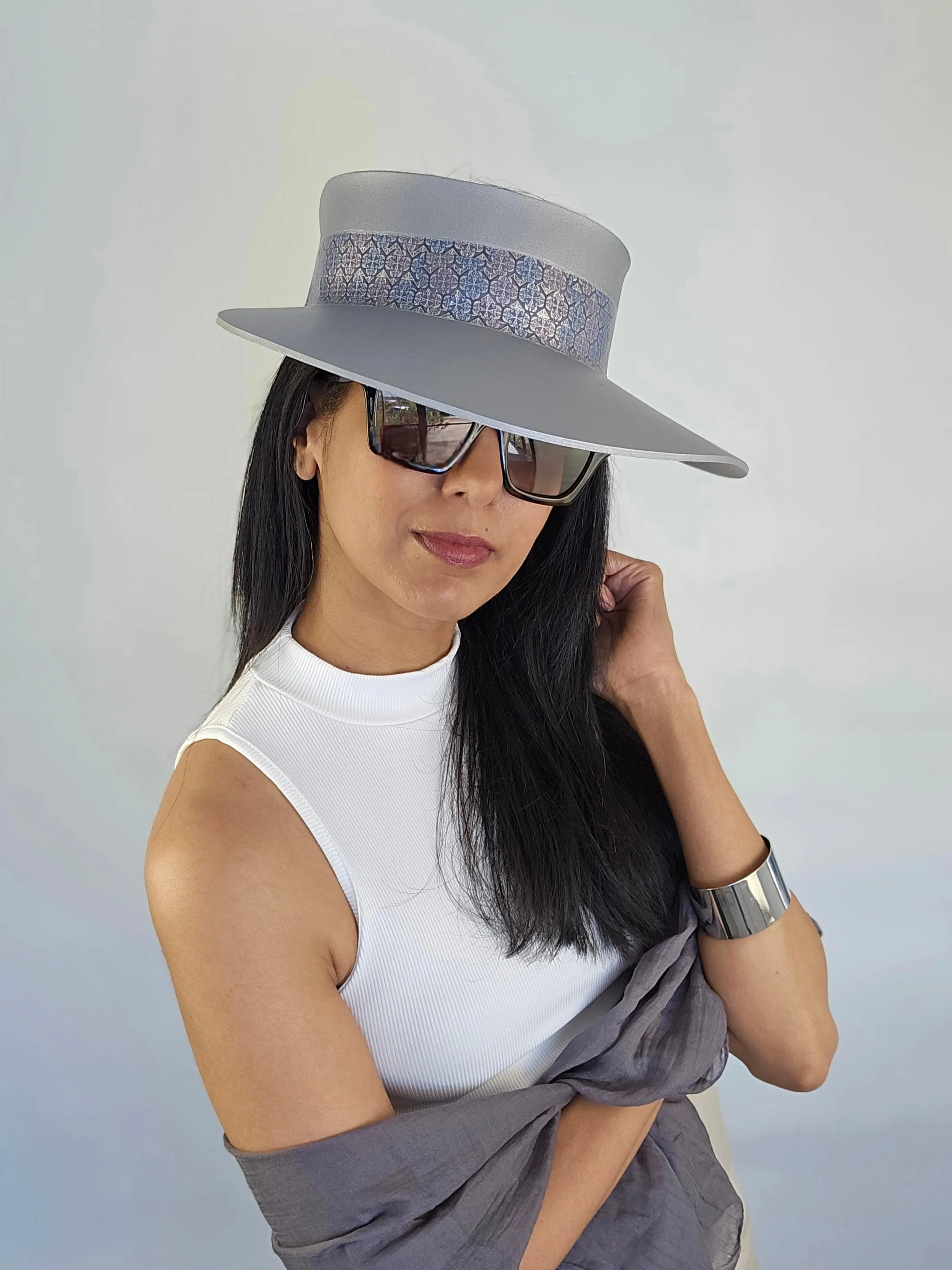 Tall Silver "LadyEVA" Visor Hat with Blue, Lavender, and Silver Geometric Band