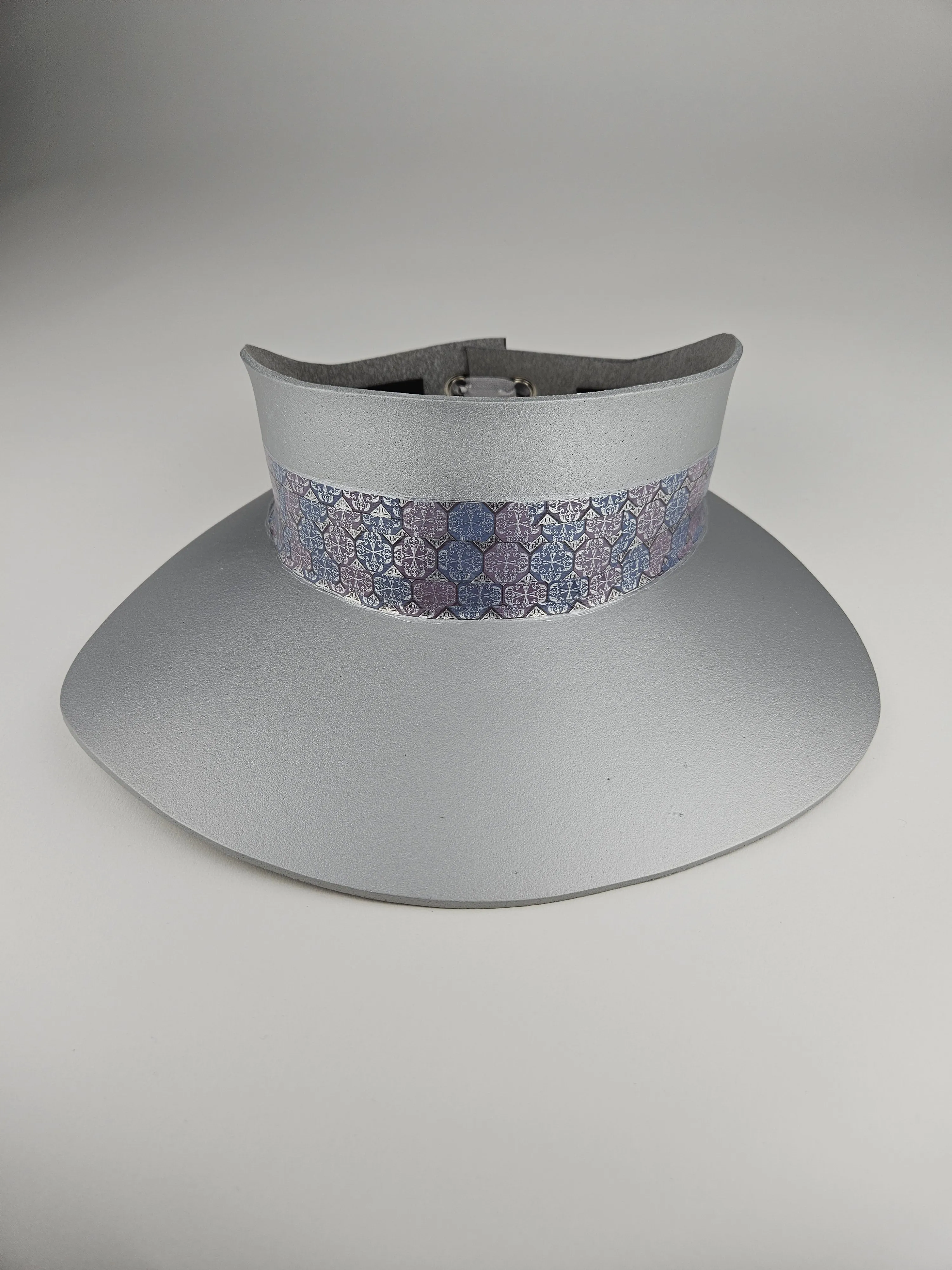 Tall Silver "LadyEVA" Visor Hat with Blue, Lavender, and Silver Geometric Band