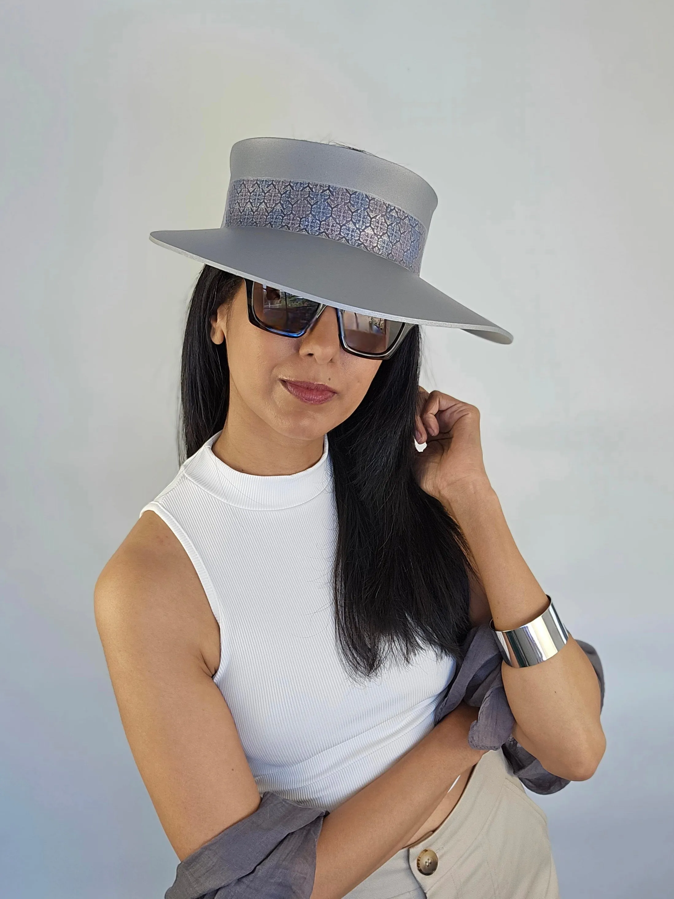 Tall Silver "LadyEVA" Visor Hat with Blue, Lavender, and Silver Geometric Band