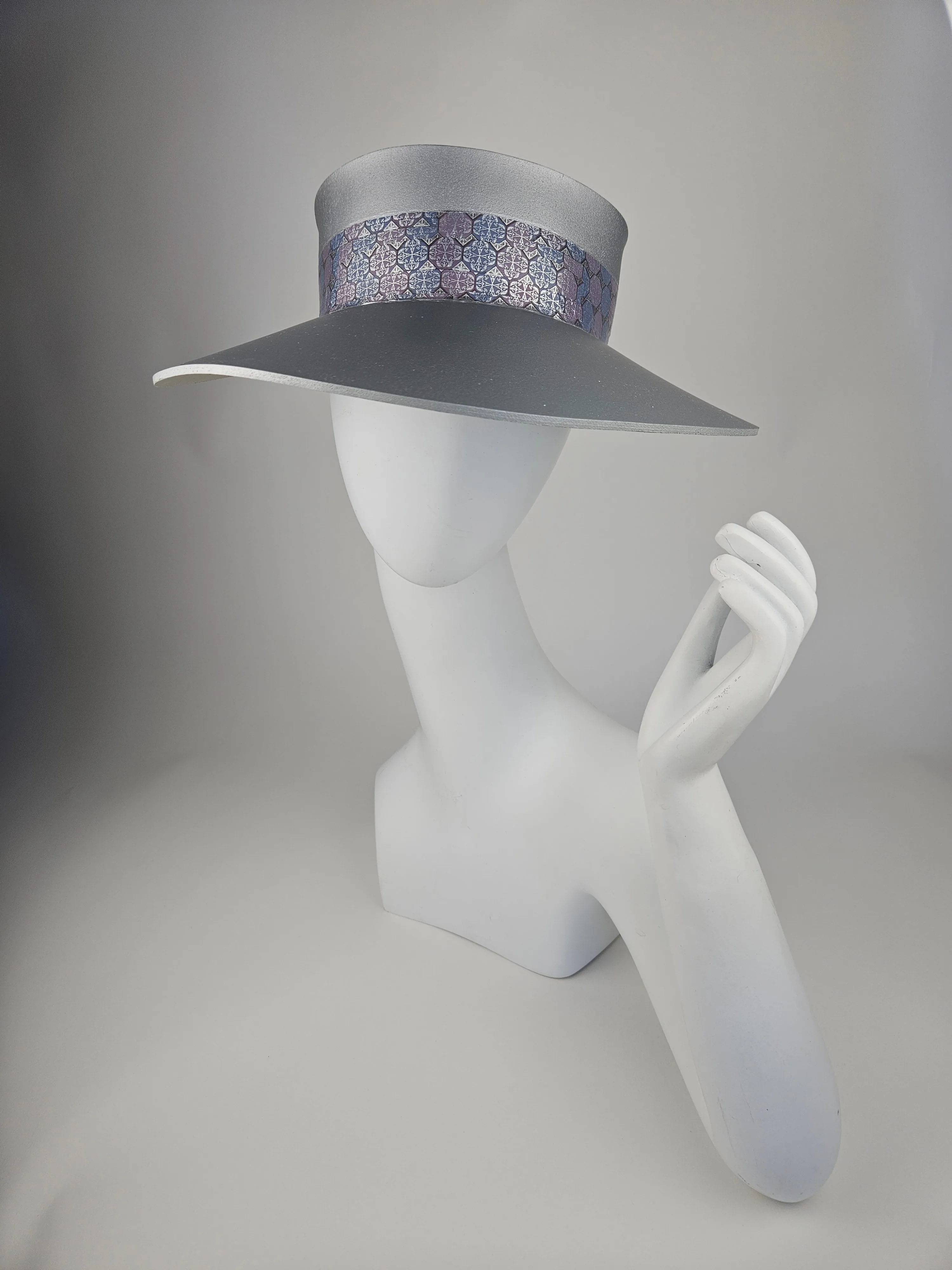 Tall Silver "LadyEVA" Visor Hat with Blue, Lavender, and Silver Geometric Band