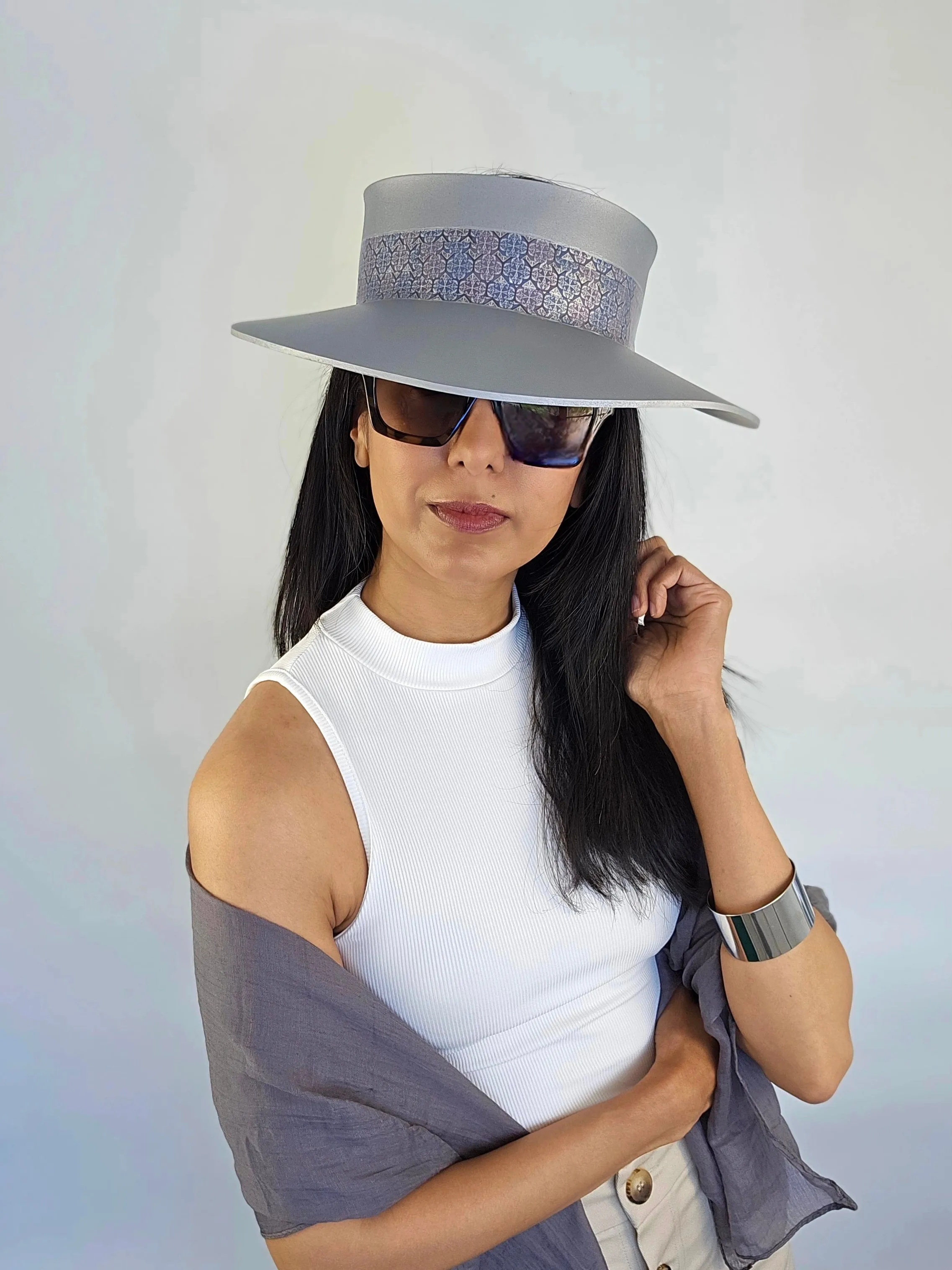 Tall Silver "LadyEVA" Visor Hat with Blue, Lavender, and Silver Geometric Band