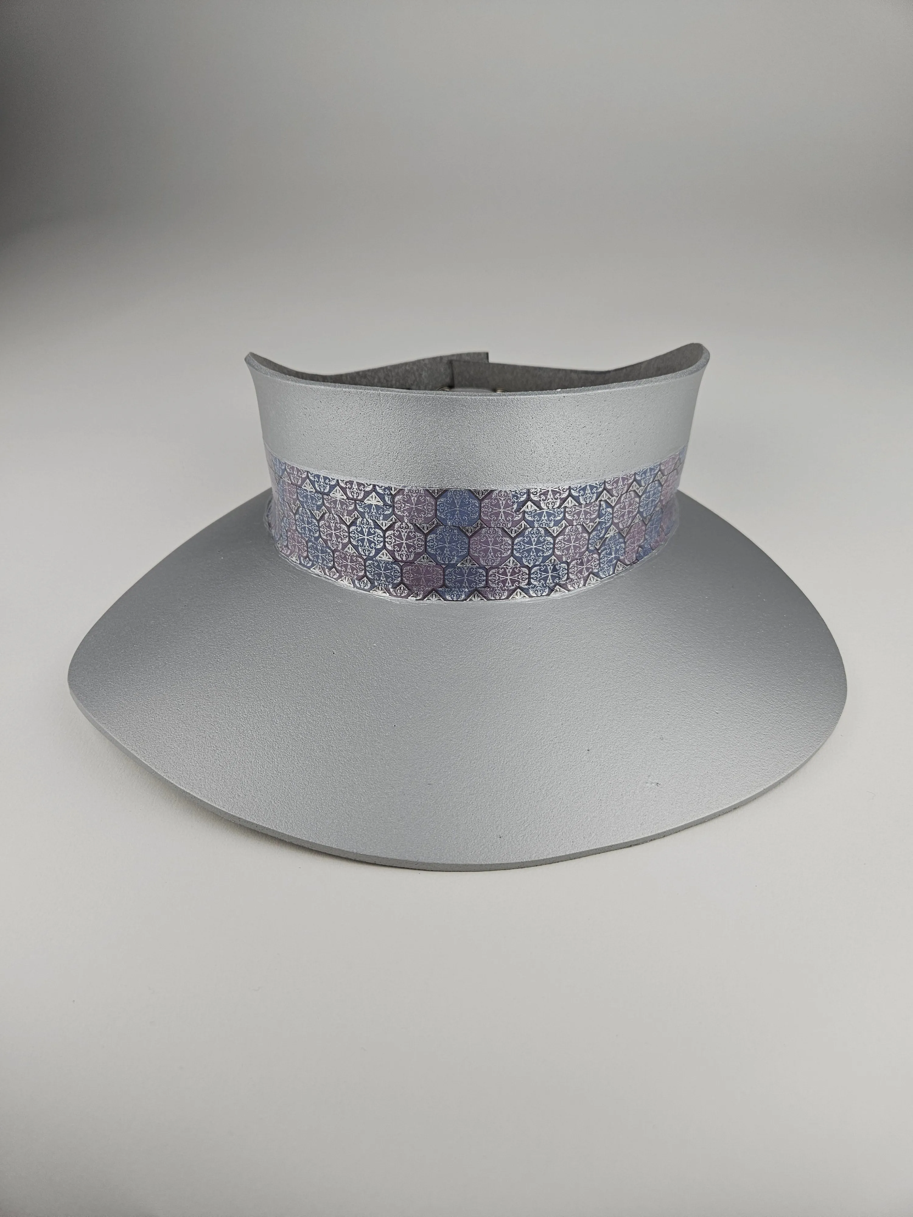 Tall Silver "LadyEVA" Visor Hat with Blue, Lavender, and Silver Geometric Band