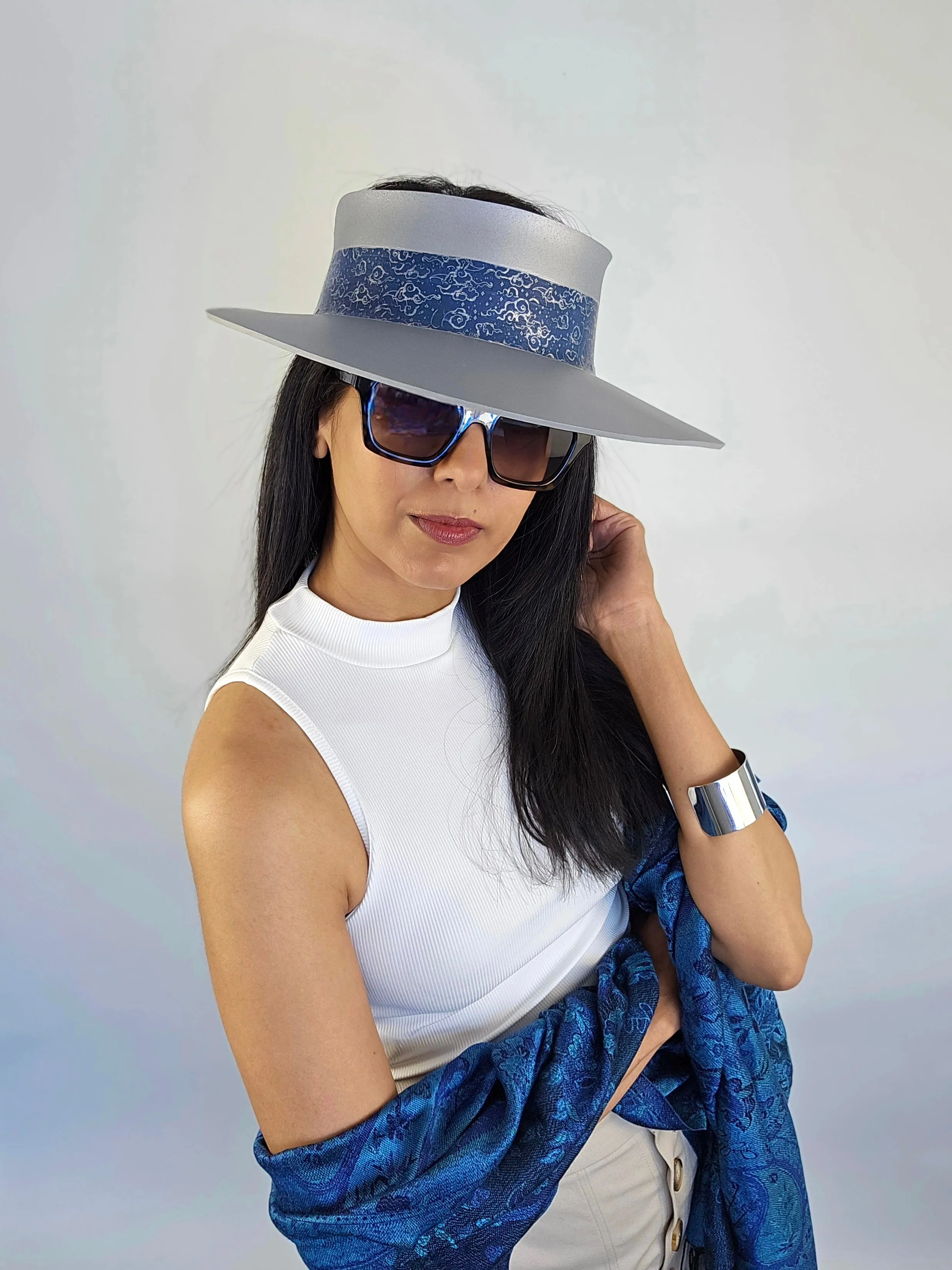 Tall Silver "LadyEVA" Visor Hat with Dark Blue Purple Celestial Themed Band