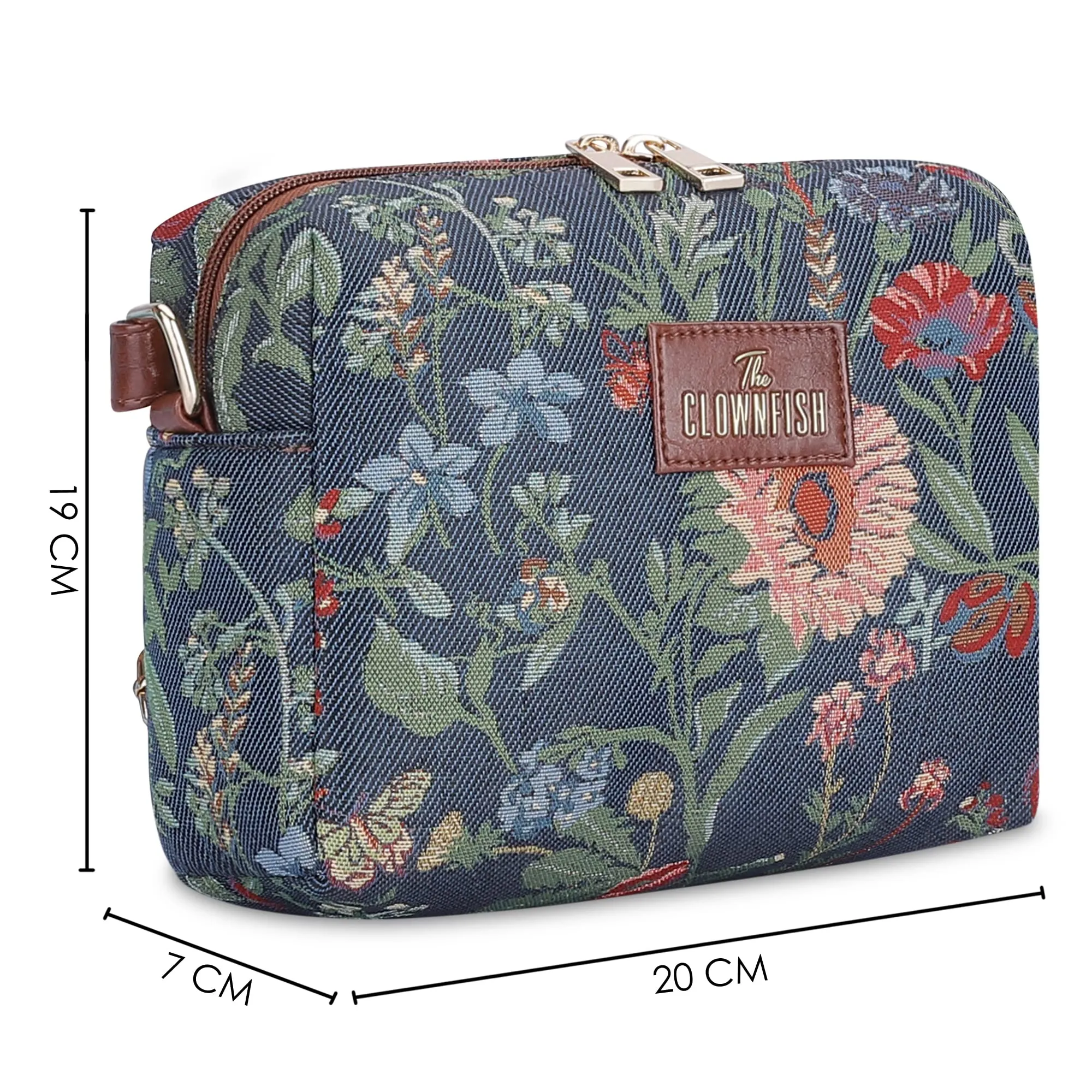 THE CLOWNFISH Adelina Series Sling for Women Faux Leather Casual Ladies Single Shoulder Bag For Women Crossbody Bag for College Girls (Navy Blue-Floral)