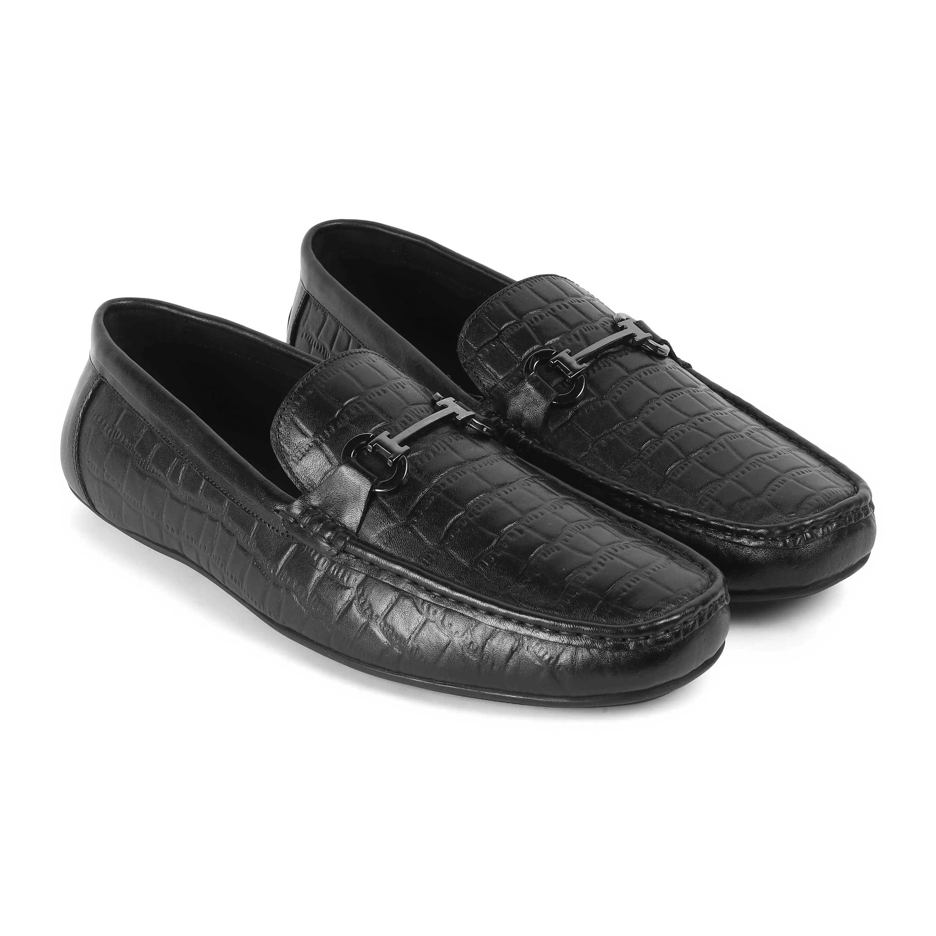 Tresmode Oxile Black Men's Textured Leather Loafers