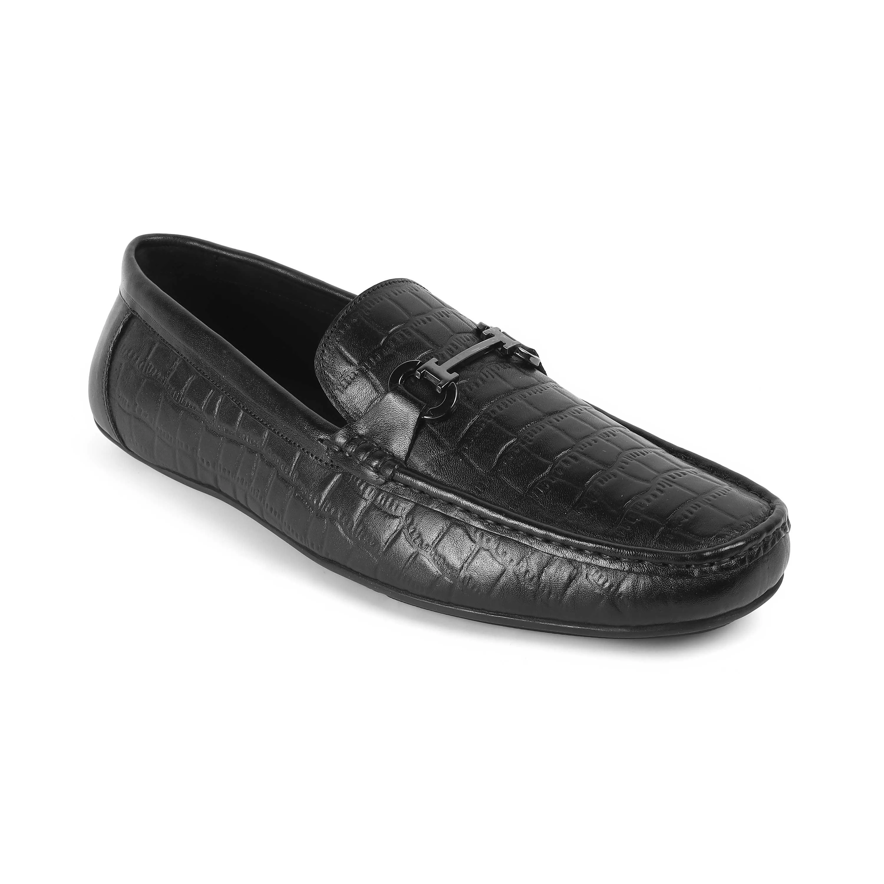 Tresmode Oxile Black Men's Textured Leather Loafers