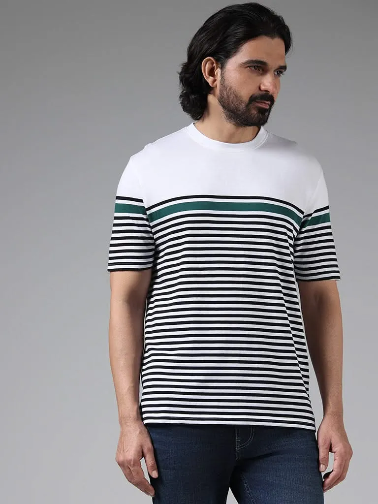 WES Lounge White Striped Cotton Relaxed-Fit T-Shirt