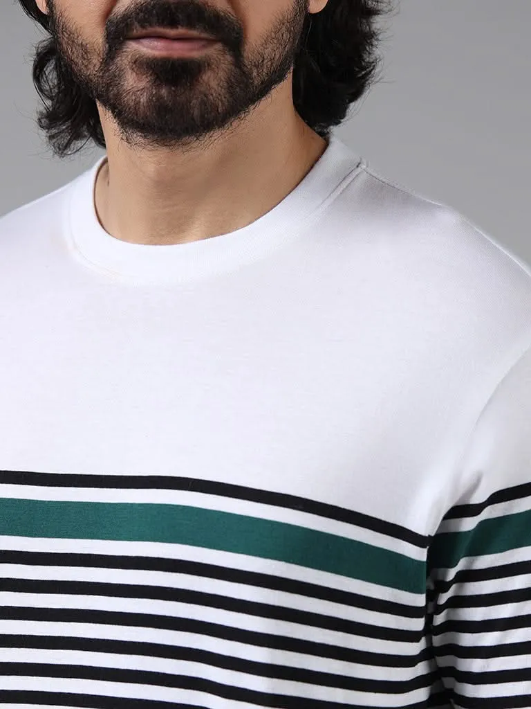 WES Lounge White Striped Cotton Relaxed-Fit T-Shirt