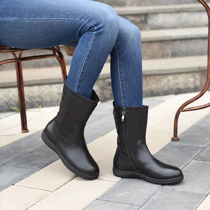 Wide Fit Handmade Leather Side Zip Mid Calf Boots For Winter Designer Shoes in Black/Blue